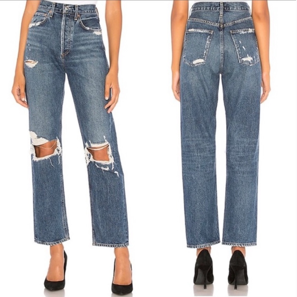 Agolde Blue Distressed Straight Leg Jeans